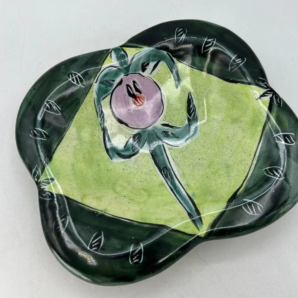 Posey Bacopoulos Pottery Majolica Square Bowl Candy Console Dish Green Pink 7